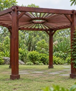 Giàn Hoa Pergola P53 - Mặt Bằng Lục Giác Sáu Cột, Gỗ Thông Màu Nâu Đỏ