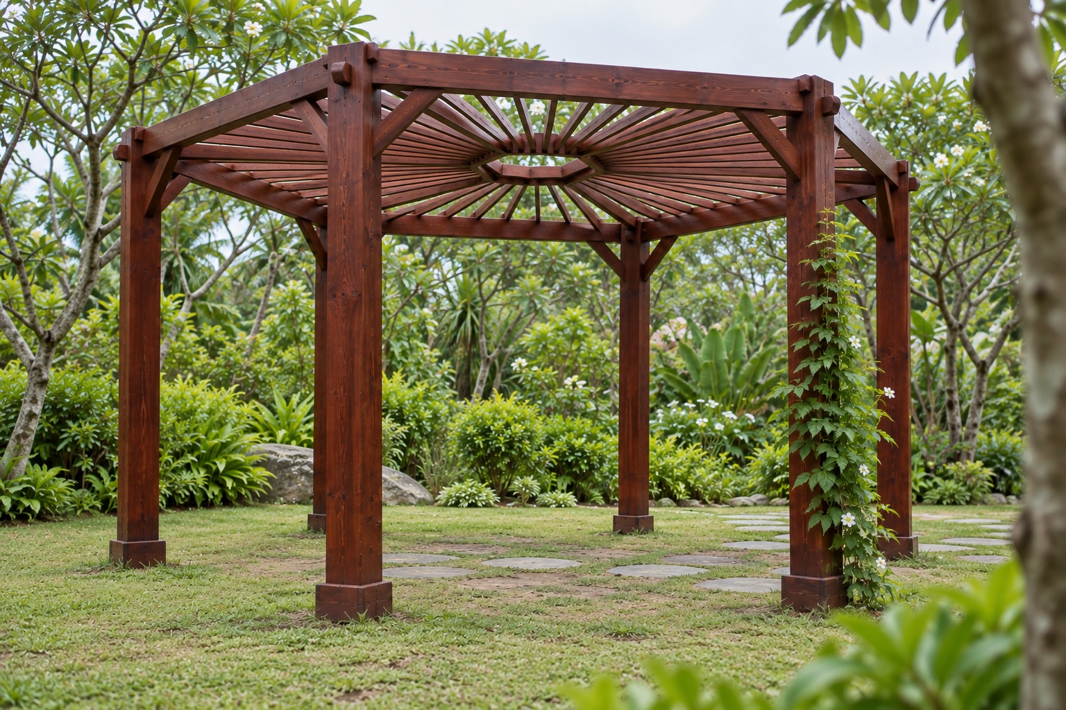 Giàn Hoa Pergola P53 - Mặt Bằng Lục Giác Sáu Cột, Gỗ Thông Màu Nâu Đỏ Giàn Hoa Pergola P53 - Mặt Bằng Lục Giác Sáu Cột, Gỗ Thông Màu Nâu Đỏ