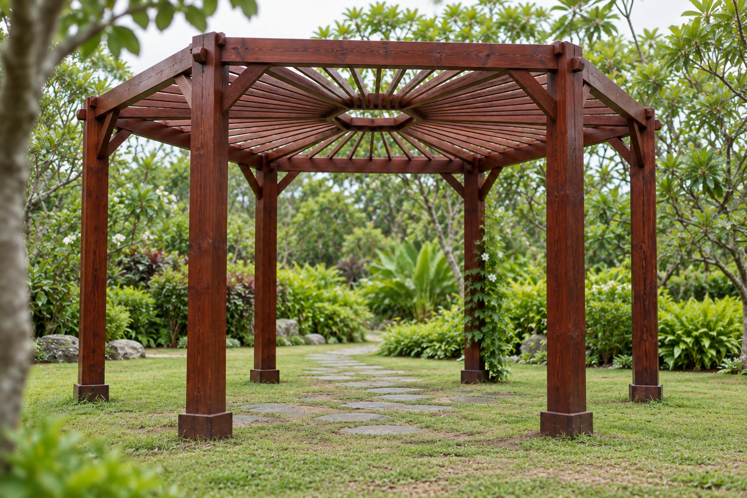 Giàn Hoa Pergola P53 - Mặt Bằng Lục Giác Sáu Cột, Gỗ Thông Màu Nâu Đỏ Giàn Hoa Pergola P53 - Mặt Bằng Lục Giác Sáu Cột, Gỗ Thông Màu Nâu Đỏ