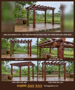 Giàn Hoa Pergola P54 - Cột Tròn Nguyên Cây Dầm Tròn, Gỗ Thông Màu Nâu Cánh Gián