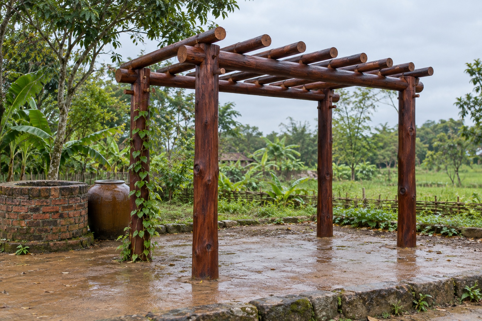 Giàn Hoa Pergola P54 - Cột Tròn Nguyên Cây Dầm Tròn, Gỗ Thông Màu Nâu Cánh Gián Giàn Hoa Pergola P54 - Cột Tròn Nguyên Cây Dầm Tròn, Gỗ Thông Màu Nâu Cánh Gián