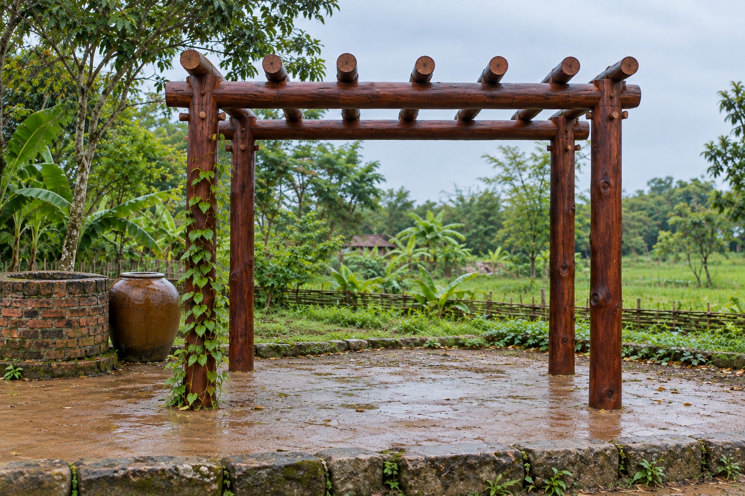 Giàn Hoa Pergola P54 - Cột Tròn Nguyên Cây Dầm Tròn, Gỗ Thông Màu Nâu Cánh Gián Giàn Hoa Pergola P54 - Cột Tròn Nguyên Cây Dầm Tròn, Gỗ Thông Màu Nâu Cánh Gián