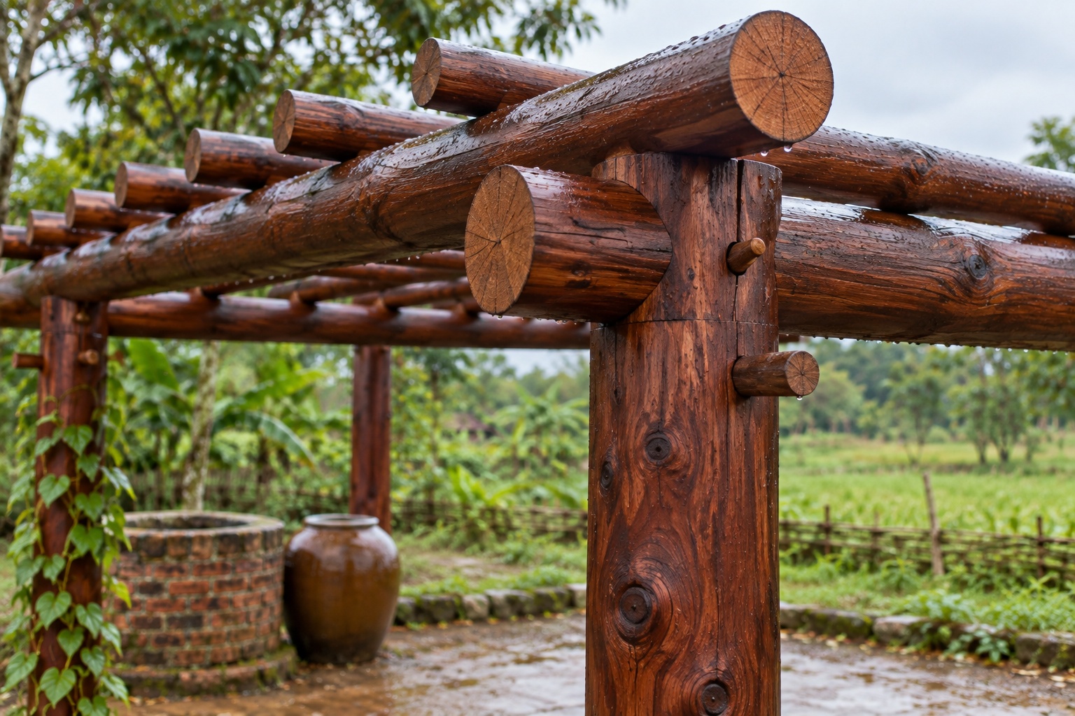 Giàn Hoa Pergola P54 - Cột Tròn Nguyên Cây Dầm Tròn, Gỗ Thông Màu Nâu Cánh Gián Giàn Hoa Pergola P54 - Cột Tròn Nguyên Cây Dầm Tròn, Gỗ Thông Màu Nâu Cánh Gián