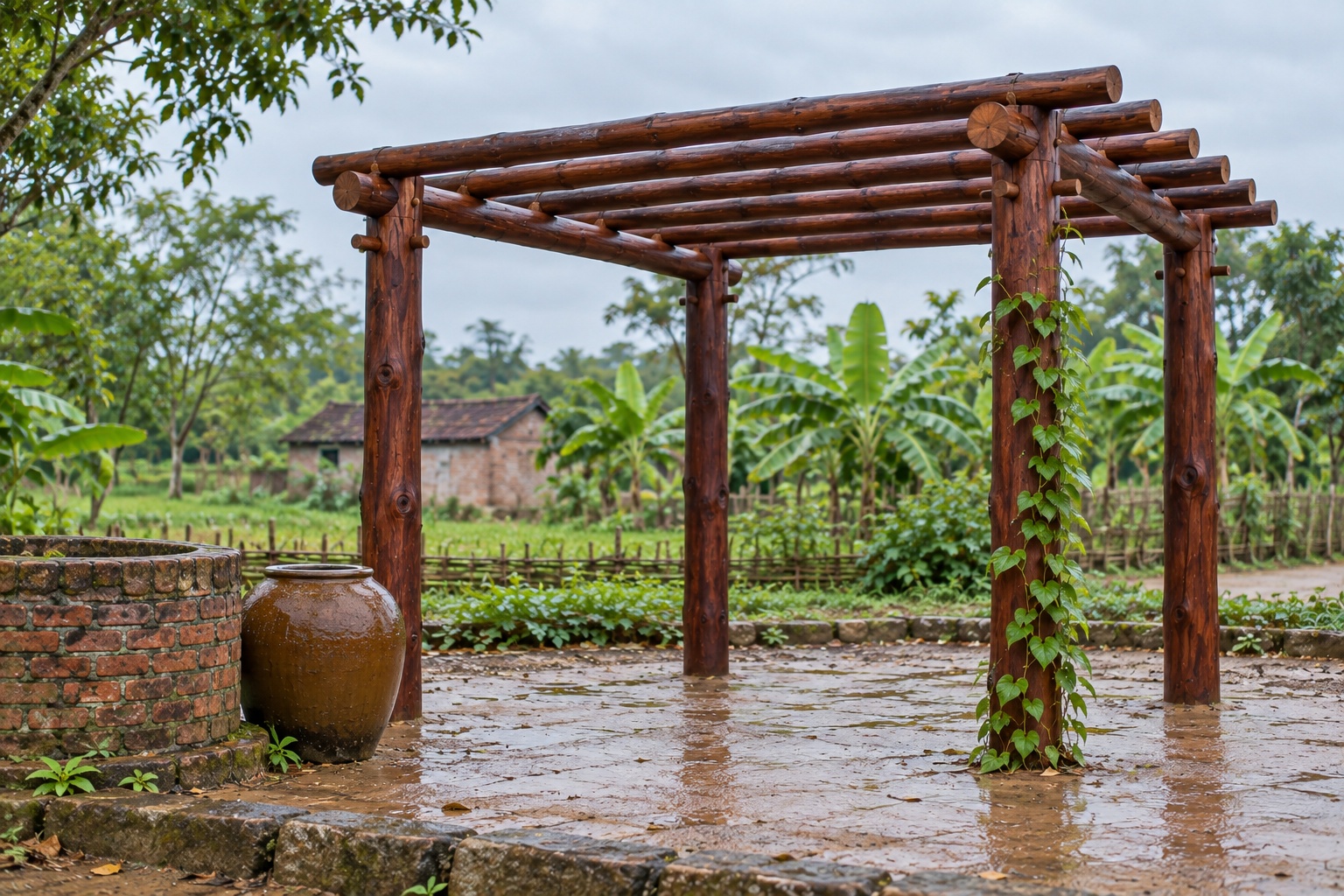 Giàn Hoa Pergola P54 - Cột Tròn Nguyên Cây Dầm Tròn, Gỗ Thông Màu Nâu Cánh Gián Giàn Hoa Pergola P54 - Cột Tròn Nguyên Cây Dầm Tròn, Gỗ Thông Màu Nâu Cánh Gián