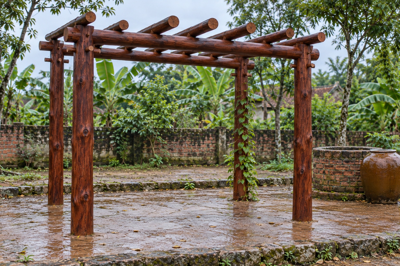 Giàn Hoa Pergola P54 - Cột Tròn Nguyên Cây Dầm Tròn, Gỗ Thông Màu Nâu Cánh Gián Giàn Hoa Pergola P54 - Cột Tròn Nguyên Cây Dầm Tròn, Gỗ Thông Màu Nâu Cánh Gián