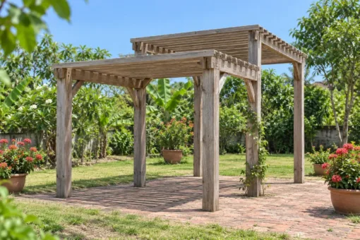 Giàn Hoa Pergola P55 - Mái Nan Hai Mức Cao Thấp Nối Nhau, Gỗ Thông Màu Vintage