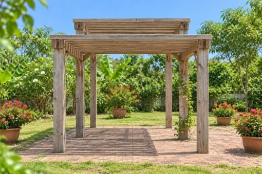 Giàn Hoa Pergola P55 - Mái Nan Hai Mức Cao Thấp Nối Nhau, Gỗ Thông Màu Vintage