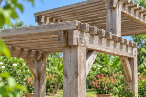 Giàn Hoa Pergola P55 - Mái Nan Hai Mức Cao Thấp Nối Nhau, Gỗ Thông Màu Vintage