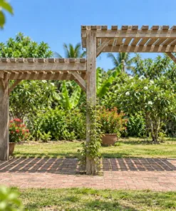 Giàn Hoa Pergola P55 - Mái Nan Hai Mức Cao Thấp Nối Nhau, Gỗ Thông Màu Vintage