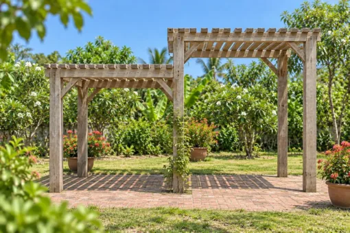 Giàn Hoa Pergola P55 - Mái Nan Hai Mức Cao Thấp Nối Nhau, Gỗ Thông Màu Vintage