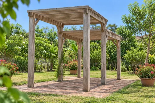 Giàn Hoa Pergola P55 - Mái Nan Hai Mức Cao Thấp Nối Nhau, Gỗ Thông Màu Vintage