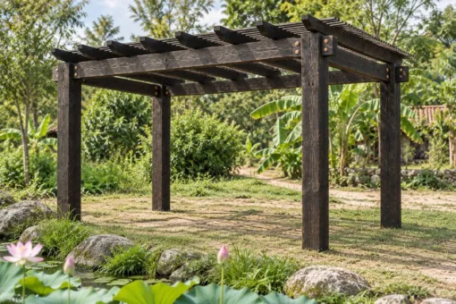 Giàn hoa P56 – góc sau, hoa sen và đá cảnh phía trước