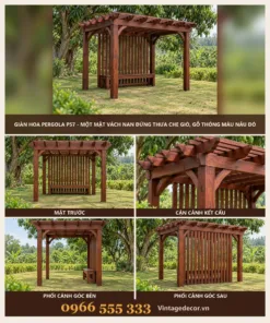 Giàn Hoa Pergola P57 - Một Mặt Vách Nan Đứng Thưa Che Gió, Gỗ Thông Màu Nâu Đỏ