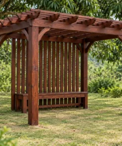 Giàn Hoa Pergola P57 - Một Mặt Vách Nan Đứng Thưa Che Gió, Gỗ Thông Màu Nâu Đỏ