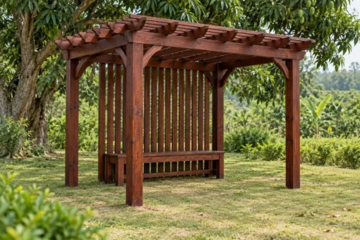Giàn Hoa Pergola P57 - Một Mặt Vách Nan Đứng Thưa Che Gió, Gỗ Thông Màu Nâu Đỏ