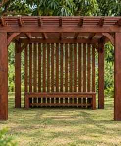 Giàn Hoa Pergola P57 - Một Mặt Vách Nan Đứng Thưa Che Gió, Gỗ Thông Màu Nâu Đỏ
