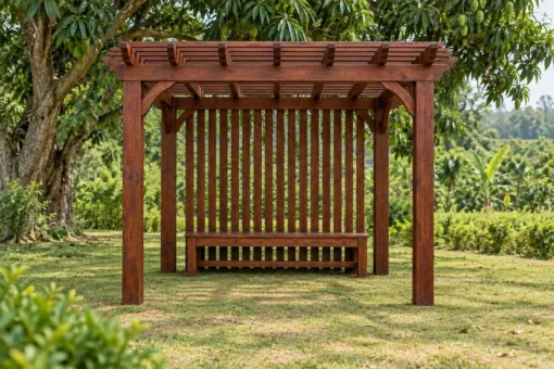 Giàn Hoa Pergola P57 - Một Mặt Vách Nan Đứng Thưa Che Gió, Gỗ Thông Màu Nâu Đỏ