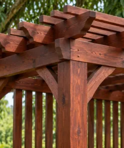 Giàn Hoa Pergola P57 - Một Mặt Vách Nan Đứng Thưa Che Gió, Gỗ Thông Màu Nâu Đỏ