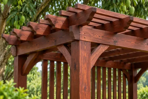 Giàn Hoa Pergola P57 - Một Mặt Vách Nan Đứng Thưa Che Gió, Gỗ Thông Màu Nâu Đỏ