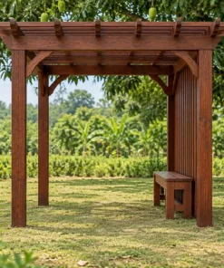 Giàn Hoa Pergola P57 - Một Mặt Vách Nan Đứng Thưa Che Gió, Gỗ Thông Màu Nâu Đỏ