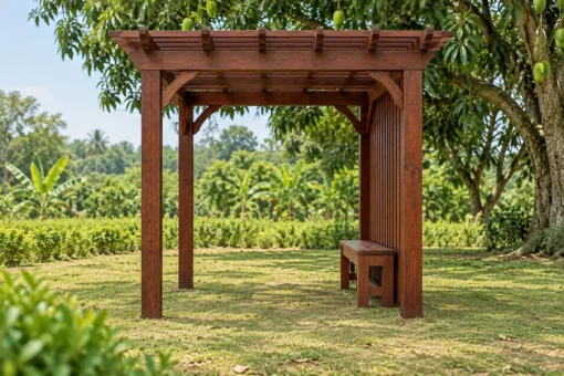 Giàn Hoa Pergola P57 - Một Mặt Vách Nan Đứng Thưa Che Gió, Gỗ Thông Màu Nâu Đỏ