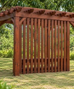 Giàn Hoa Pergola P57 - Một Mặt Vách Nan Đứng Thưa Che Gió, Gỗ Thông Màu Nâu Đỏ