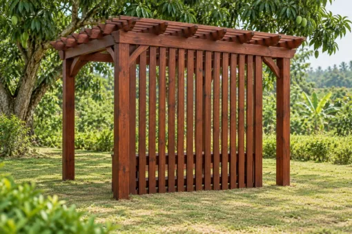 Giàn Hoa Pergola P57 - Một Mặt Vách Nan Đứng Thưa Che Gió, Gỗ Thông Màu Nâu Đỏ