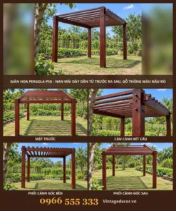Giàn Hoa Pergola P58 - Nan Mái Dày Dần Từ Trước Ra Sau, Gỗ Thông Màu Nâu Đỏ