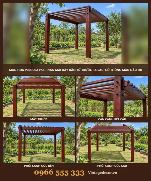 Giàn Hoa Pergola P58 - Nan Mái Dày Dần Từ Trước Ra Sau, Gỗ Thông Màu Nâu Đỏ Giàn Hoa Pergola P58 - Nan Mái Dày Dần Từ Trước Ra Sau, Gỗ Thông Màu Nâu Đỏ