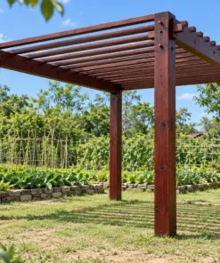 Giàn Hoa Pergola P58 - Nan Mái Dày Dần Từ Trước Ra Sau, Gỗ Thông Màu Nâu Đỏ