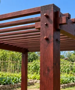 Giàn Hoa Pergola P58 - Nan Mái Dày Dần Từ Trước Ra Sau, Gỗ Thông Màu Nâu Đỏ