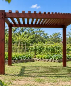 Giàn Hoa Pergola P58 - Nan Mái Dày Dần Từ Trước Ra Sau, Gỗ Thông Màu Nâu Đỏ