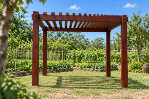 Giàn Hoa Pergola P58 - Nan Mái Dày Dần Từ Trước Ra Sau, Gỗ Thông Màu Nâu Đỏ Giàn Hoa Pergola P58 - Nan Mái Dày Dần Từ Trước Ra Sau, Gỗ Thông Màu Nâu Đỏ