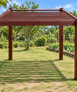 Giàn Hoa Pergola P58 - Nan Mái Dày Dần Từ Trước Ra Sau, Gỗ Thông Màu Nâu Đỏ