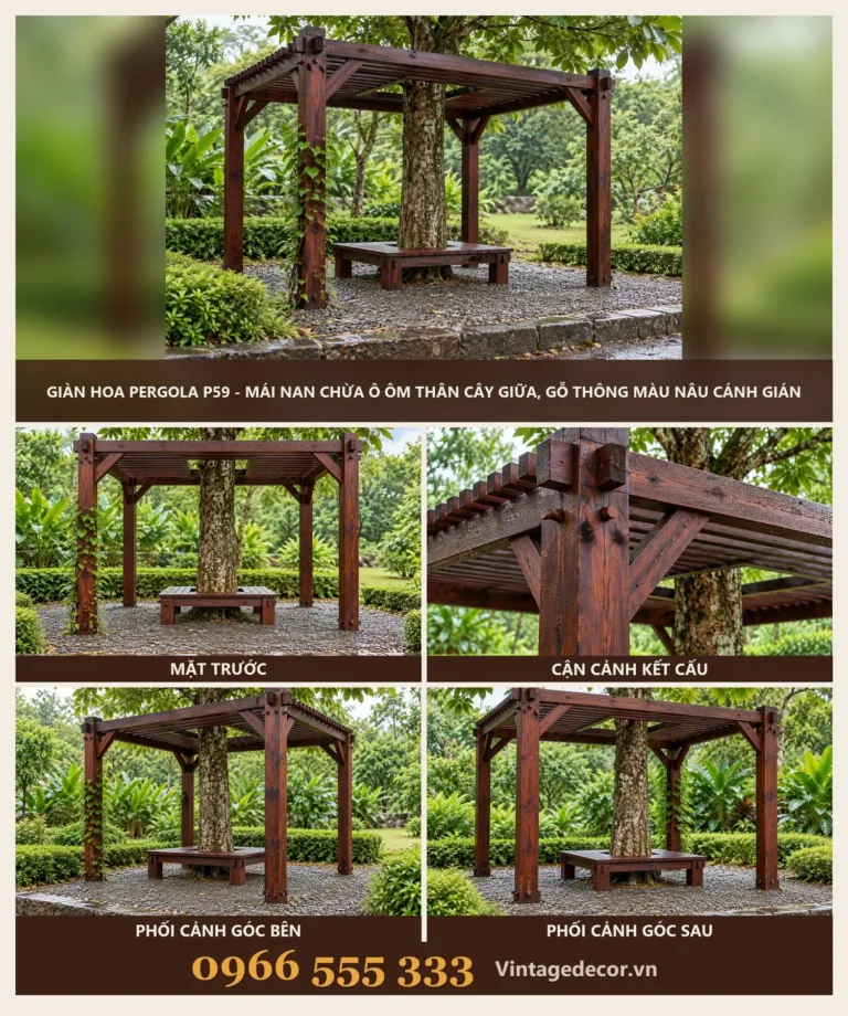 Giàn Hoa Pergola P59 – Mái Nan Chừa Ô Ôm Thân Cây Giữa, Gỗ Thông Màu Nâu Cánh Gián