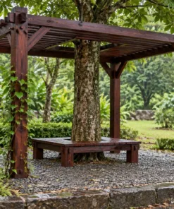 Giàn Hoa Pergola P59 - Mái Nan Chừa Ô Ôm Thân Cây Giữa, Gỗ Thông Màu Nâu Cánh Gián