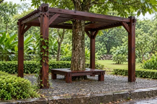 Giàn Hoa Pergola P59 - Mái Nan Chừa Ô Ôm Thân Cây Giữa, Gỗ Thông Màu Nâu Cánh Gián Giàn Hoa Pergola P59 - Mái Nan Chừa Ô Ôm Thân Cây Giữa, Gỗ Thông Màu Nâu Cánh Gián