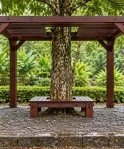 Giàn Hoa Pergola P59 - Mái Nan Chừa Ô Ôm Thân Cây Giữa, Gỗ Thông Màu Nâu Cánh Gián
