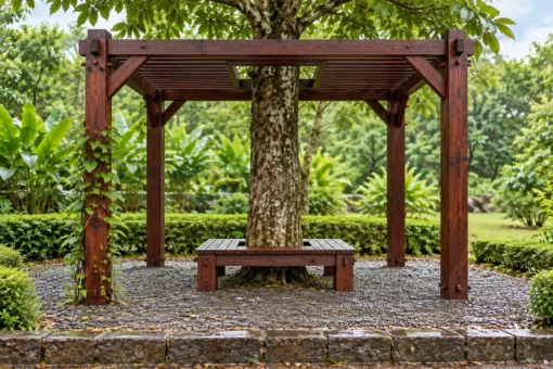 Giàn Hoa Pergola P59 - Mái Nan Chừa Ô Ôm Thân Cây Giữa, Gỗ Thông Màu Nâu Cánh Gián Giàn Hoa Pergola P59 - Mái Nan Chừa Ô Ôm Thân Cây Giữa, Gỗ Thông Màu Nâu Cánh Gián