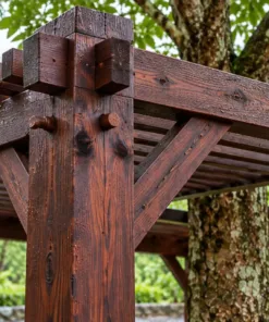 Giàn Hoa Pergola P59 - Mái Nan Chừa Ô Ôm Thân Cây Giữa, Gỗ Thông Màu Nâu Cánh Gián