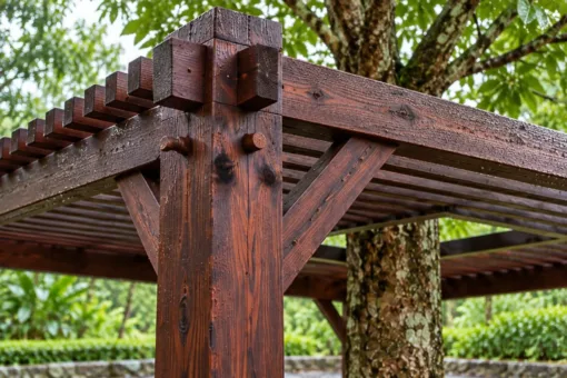 Giàn Hoa Pergola P59 - Mái Nan Chừa Ô Ôm Thân Cây Giữa, Gỗ Thông Màu Nâu Cánh Gián Giàn Hoa Pergola P59 - Mái Nan Chừa Ô Ôm Thân Cây Giữa, Gỗ Thông Màu Nâu Cánh Gián