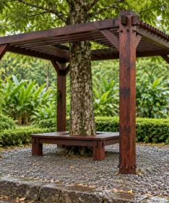 Giàn Hoa Pergola P59 - Mái Nan Chừa Ô Ôm Thân Cây Giữa, Gỗ Thông Màu Nâu Cánh Gián