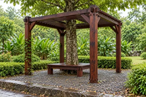 Giàn Hoa Pergola P59 - Mái Nan Chừa Ô Ôm Thân Cây Giữa, Gỗ Thông Màu Nâu Cánh Gián Giàn Hoa Pergola P59 - Mái Nan Chừa Ô Ôm Thân Cây Giữa, Gỗ Thông Màu Nâu Cánh Gián