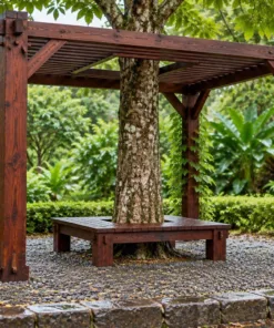 Giàn Hoa Pergola P59 - Mái Nan Chừa Ô Ôm Thân Cây Giữa, Gỗ Thông Màu Nâu Cánh Gián