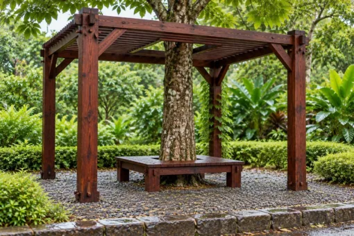 Giàn Hoa Pergola P59 - Mái Nan Chừa Ô Ôm Thân Cây Giữa, Gỗ Thông Màu Nâu Cánh Gián Giàn Hoa Pergola P59 - Mái Nan Chừa Ô Ôm Thân Cây Giữa, Gỗ Thông Màu Nâu Cánh Gián