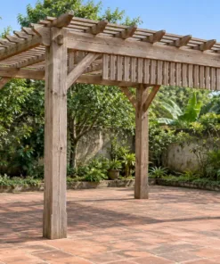 Giàn Hoa Pergola P60 - Lam Đứng Treo Dưới Dầm Thành Rèm Cố Định, Gỗ Thông Màu Vintage