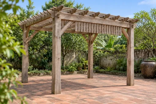 Giàn Hoa Pergola P60 - Lam Đứng Treo Dưới Dầm Thành Rèm Cố Định, Gỗ Thông Màu Vintage Giàn Hoa Pergola P60 - Lam Đứng Treo Dưới Dầm Thành Rèm Cố Định, Gỗ Thông Màu Vintage