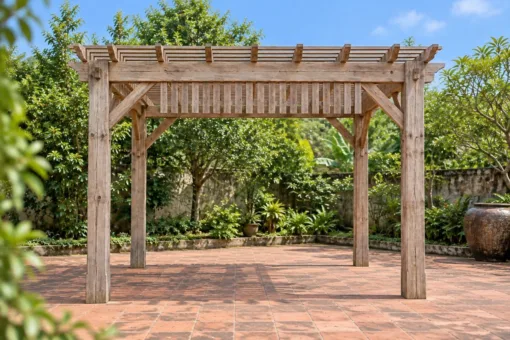 Giàn Hoa Pergola P60 - Lam Đứng Treo Dưới Dầm Thành Rèm Cố Định, Gỗ Thông Màu Vintage Giàn Hoa Pergola P60 - Lam Đứng Treo Dưới Dầm Thành Rèm Cố Định, Gỗ Thông Màu Vintage