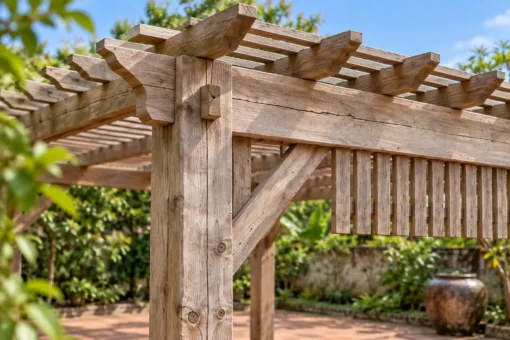 Giàn Hoa Pergola P60 - Lam Đứng Treo Dưới Dầm Thành Rèm Cố Định, Gỗ Thông Màu Vintage Giàn Hoa Pergola P60 - Lam Đứng Treo Dưới Dầm Thành Rèm Cố Định, Gỗ Thông Màu Vintage