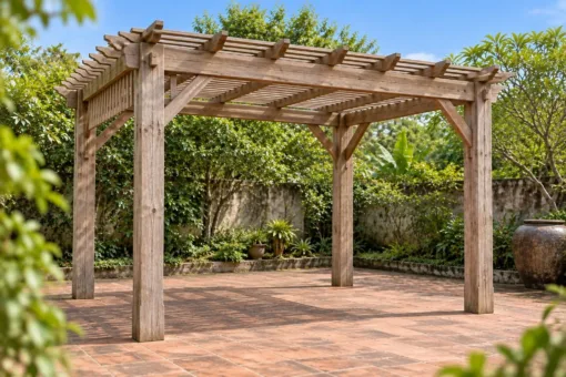 Giàn Hoa Pergola P60 - Lam Đứng Treo Dưới Dầm Thành Rèm Cố Định, Gỗ Thông Màu Vintage Giàn Hoa Pergola P60 - Lam Đứng Treo Dưới Dầm Thành Rèm Cố Định, Gỗ Thông Màu Vintage